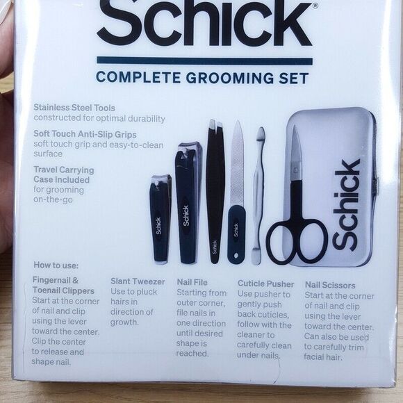 SCHICK Complete Grooming Set Stainless Steel Clippers Tweezer File Scissors Case - Picture 4 of 5